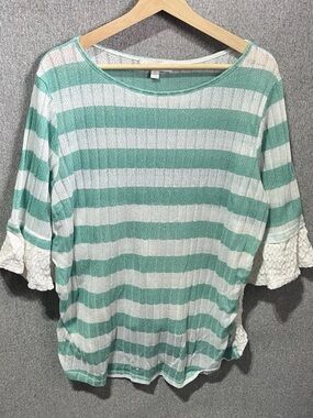 Suzanne Betro Mint Green & White Striped Lace-Trim Top
